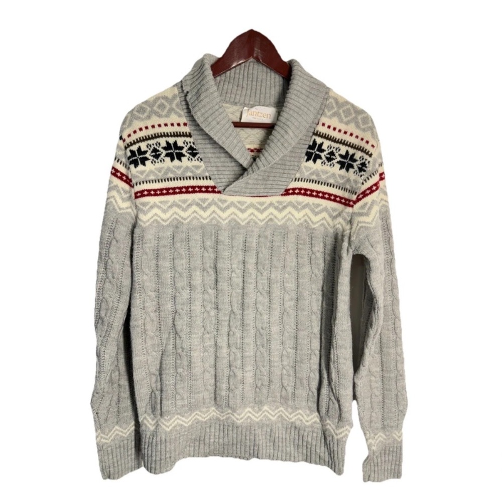 Vintage 60s Jantzen Gray Wool Shawl Collar Fair Isle Cable Sweater Christmas M